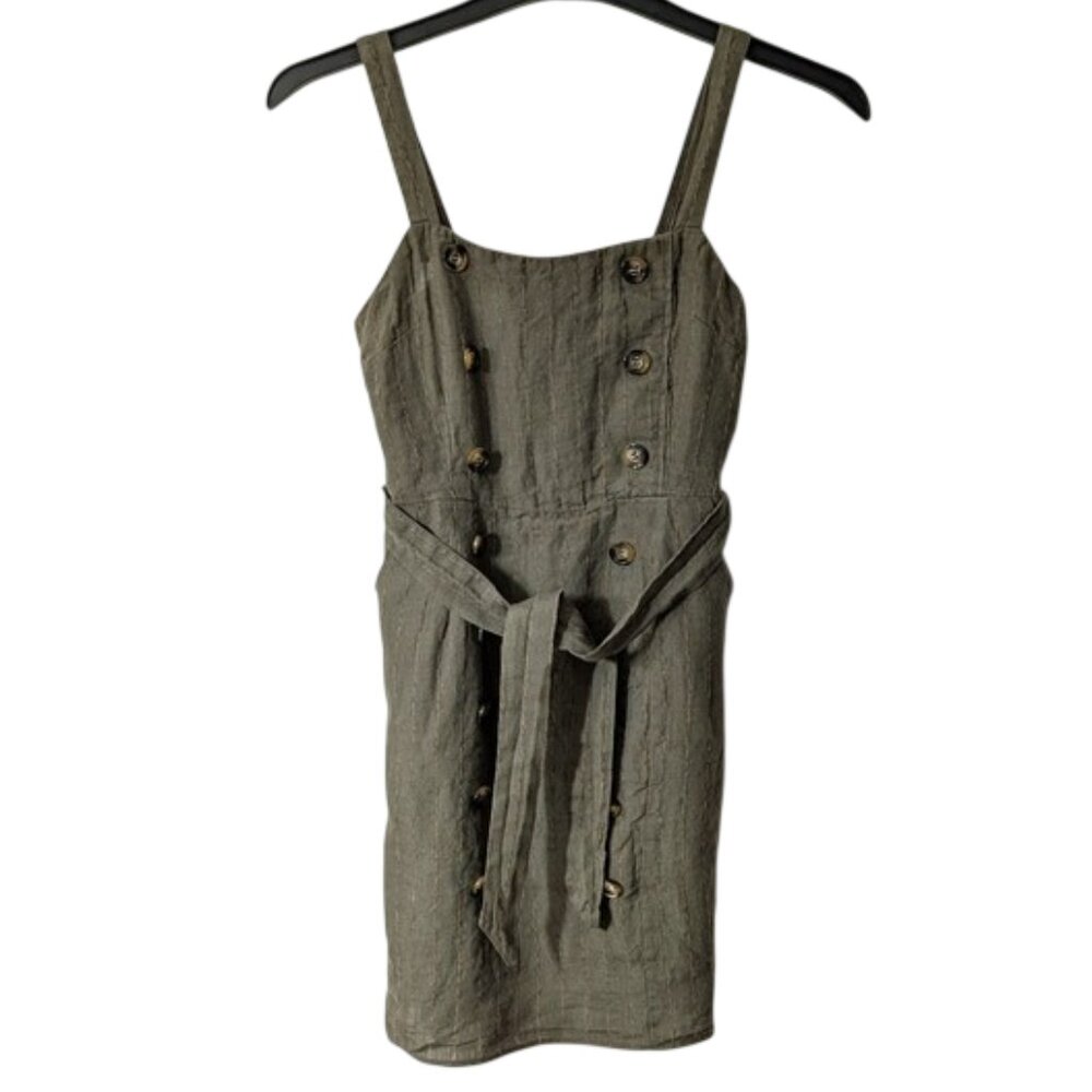 Like New Millibon 100% Linen Buttoned Mini Dress Olive Green Stripe Size S